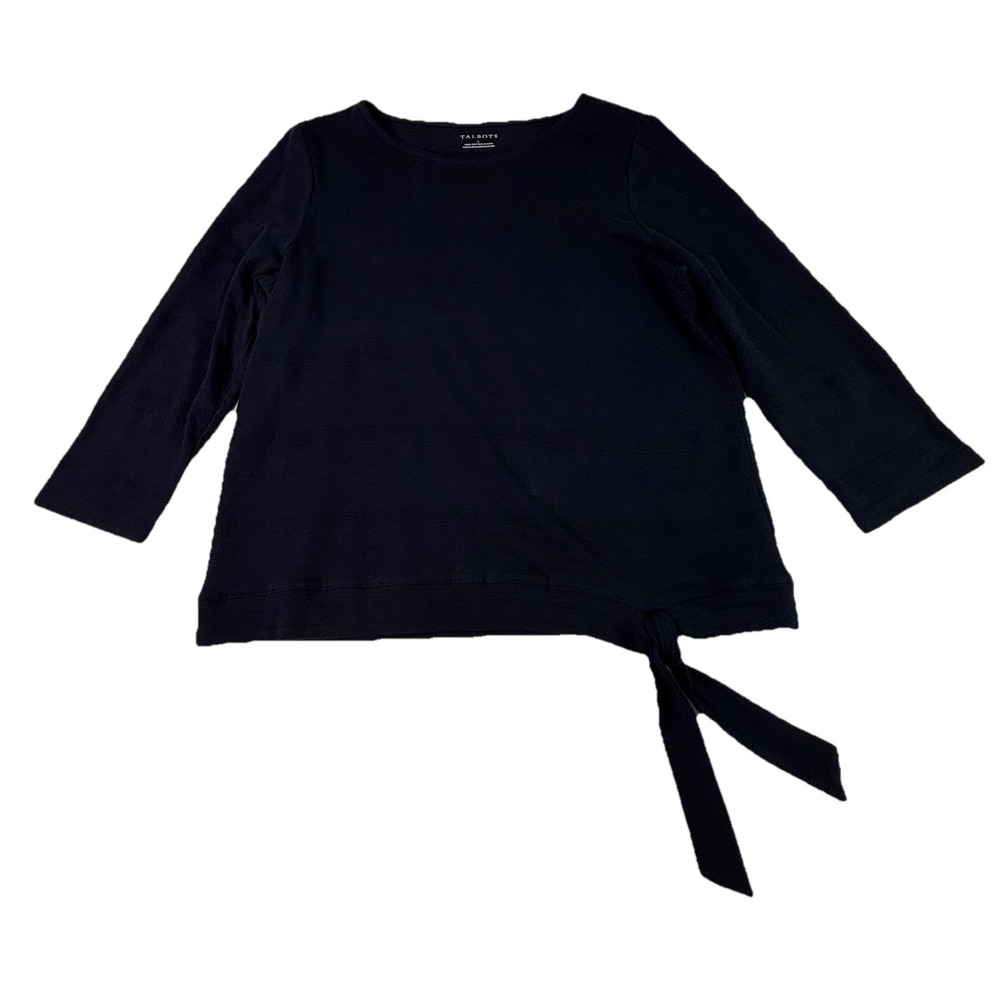 Talbots Woman Size Large Navy Blue Blouse Tie At Hem 3/4 Sleeved Embroidered